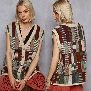 POL V-Neck Block Pattern Relaxed Fit Sweater Vest